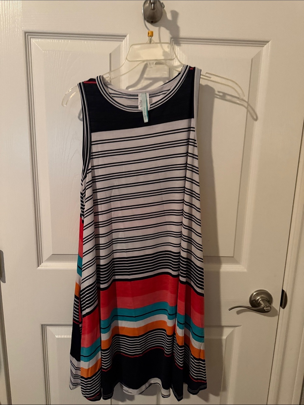 Bellamie Striped Sleeveless Midi Dress in White, Black, Red & Teal